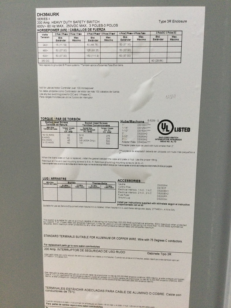 Eaton/Cutler-Hammer DH364URK 200 Amp 3 Pole 600VAC Heavy-Duty Safety Switch Non-Fused Disconnect