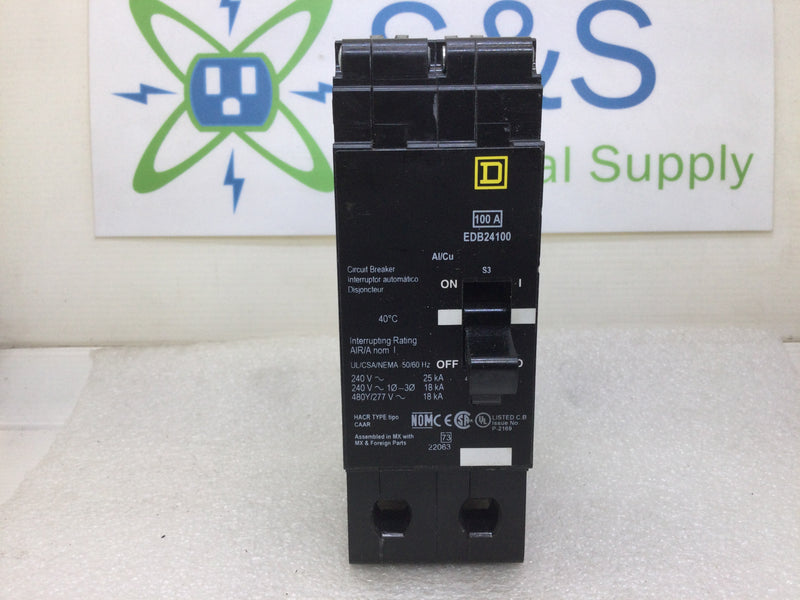 Square D EDB24100 100 Amp 2 Pole 480/277V Circuit Breaker