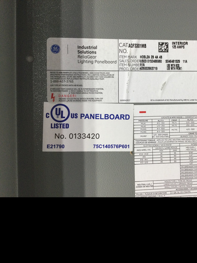 General Electric Reliagear Lighting Panelboard AQF3301MB Main Lug Panelboard 125A 208Y/120V NEMA: 1 3Ph 4W 25" x 14 3/4" - Dead front Only