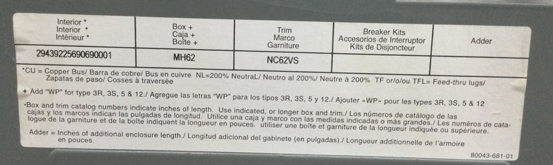 Square D NF 294392256906900001 Interior Series 400 A 480/277 3 PH 4 W 30 Space in Box MH62