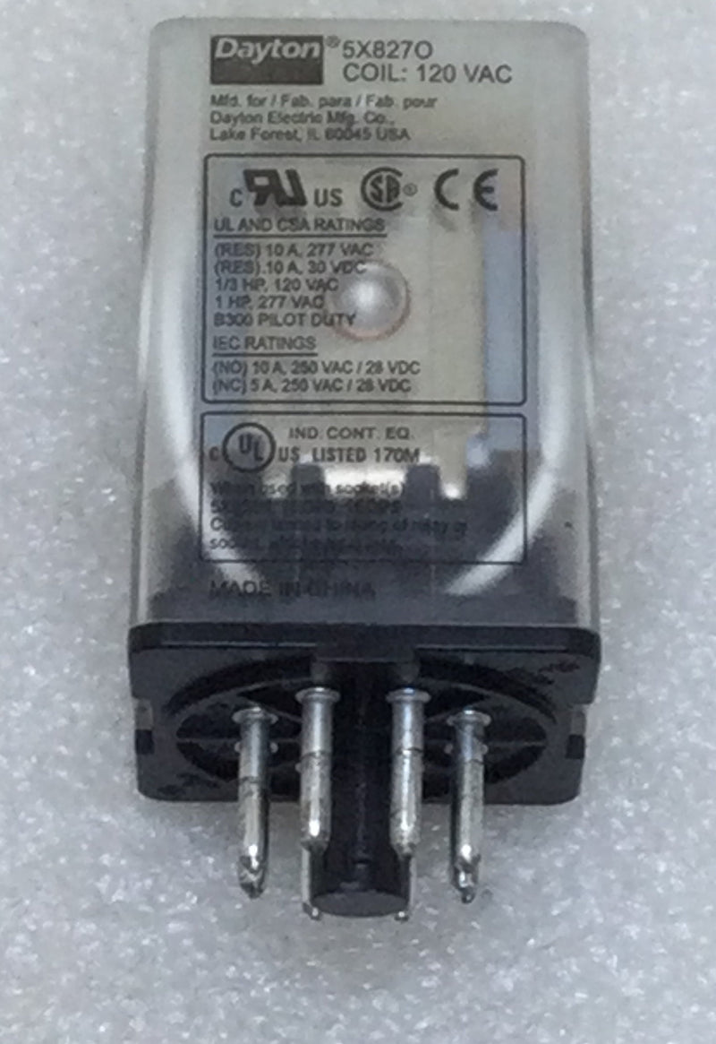 Dayton 5X8270 277VAC 10A 1Hp Max 8 Pin Relay With 5X852N 8-Pin Relay Socket