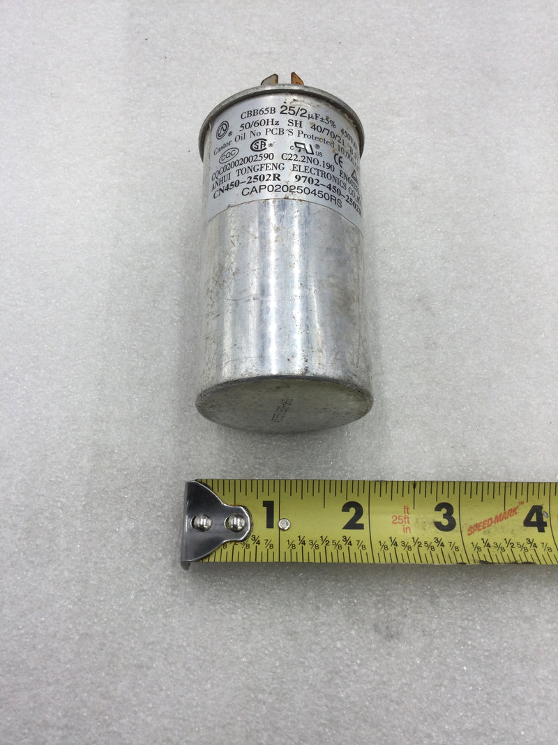 Capacitor CBB65B 25/2uf +/- 5% 440 VAC 50/60hz 40/70/21 10,000 AFC