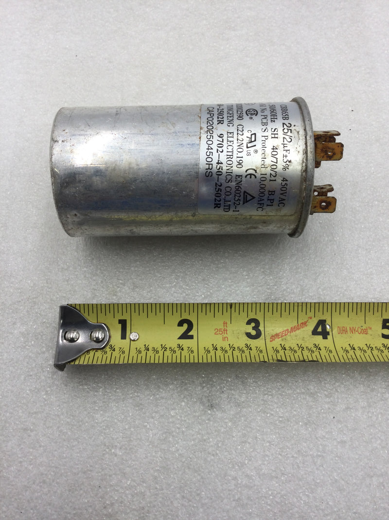 Capacitor CBB65B 25/2uf +/- 5% 440 VAC 50/60hz 40/70/21 10,000 AFC