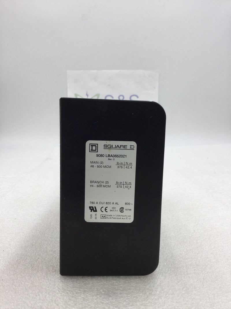 Square D 9080 LBA3652021 760A CU/620A AL 600VAC 3 Pole 2 Line 2 Load Power Distribution Block