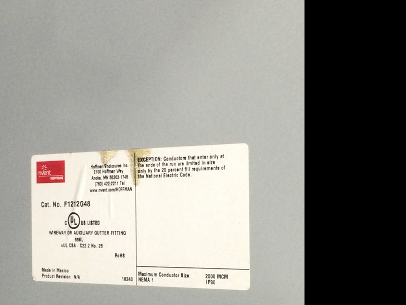 Hoffman Nvent F1212G48 48" Straight Section Wireway 48" L X 12" W X 12" D w/ Liftoff Cover