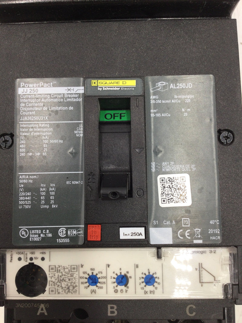 Square D JJA36250U31X 250 Amp Powerpact Circuit Breaker 3 Pole 600v I-Line