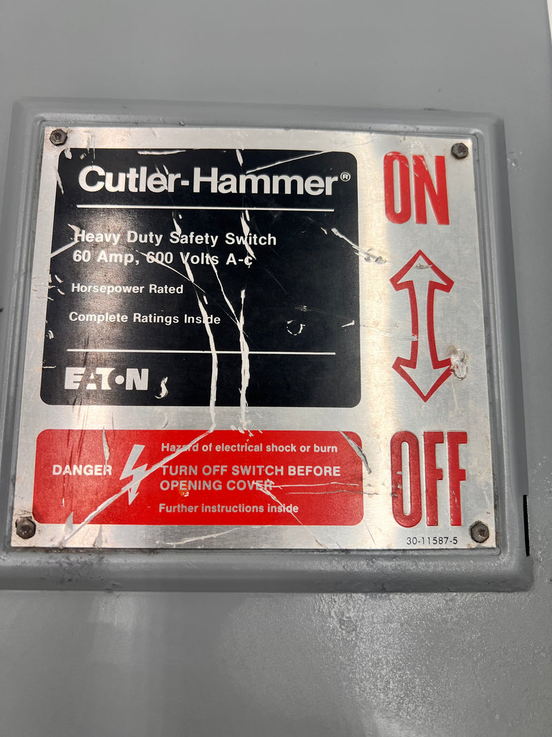 Eaton/Cutler-Hammer DH362FGK, 60A, 3 Pole, 600VAC, Fused, Nema1 Safety Switch