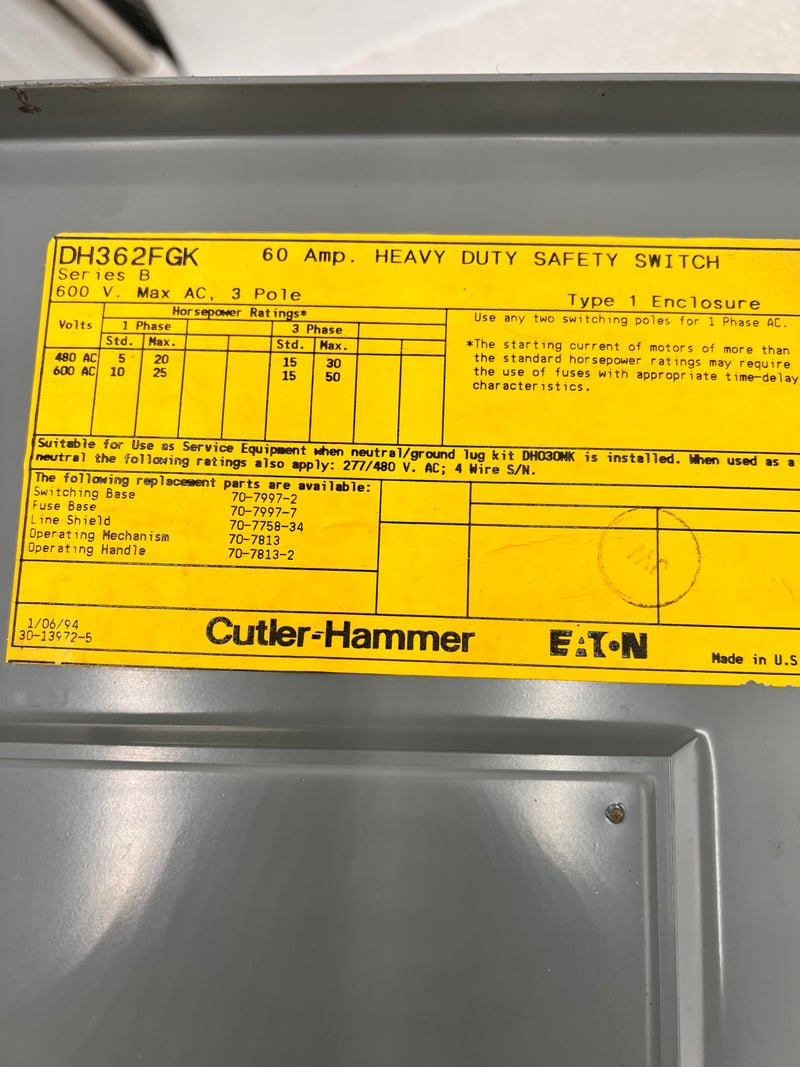 Eaton/Cutler-Hammer DH362FGK, 60A, 3 Pole, 600VAC, Fused, Nema1 Safety Switch