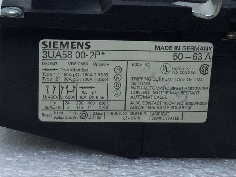 Siemens 3UA58 00-2P/3UA58 00-2P* 50-63A 100A 600VAC 10kAIC Overload Relay