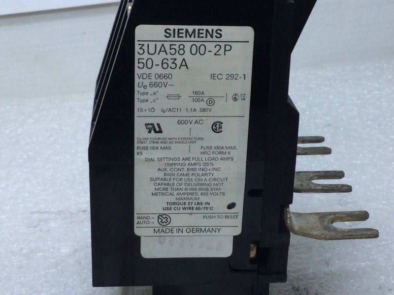 Siemens 3UA58 00-2P/3UA58 00-2P* 50-63A 100A 600VAC 10kAIC Overload Relay