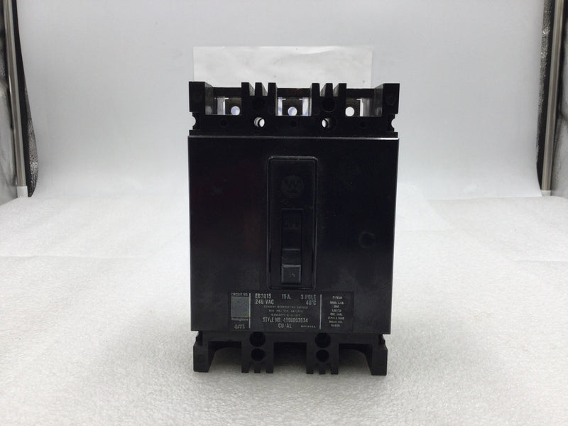 Westinghouse EB3015 15 Amp 3 Pole 240 VAC Molded Case Circuit Breaker