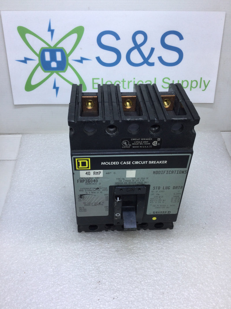 Square D FHP36040 40 Amp 3 Pole 600 VAC Molded Case Circuit Breaker