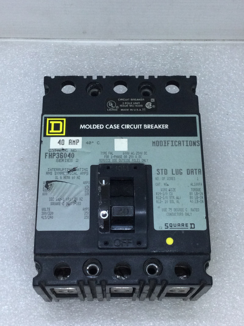 Square D FHP36040 40 Amp 3 Pole 600 VAC Molded Case Circuit Breaker