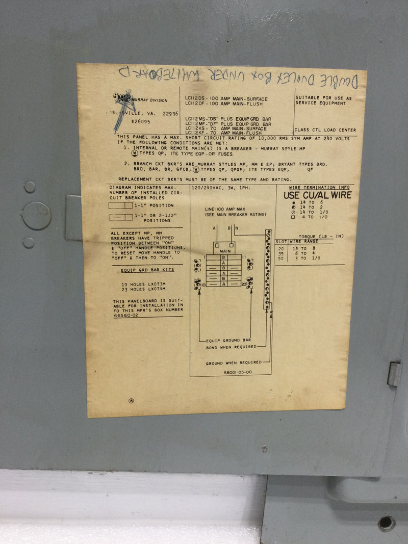 Murray LC112DS/DF Load Center Cover/Door Only 100 Amp 120/240 Vac 17 1/2" x 14 1/2"