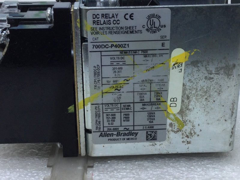 Allen-Bradley 700DC-P400Z1 Industrial Control Relay Series E 20 Amp 600V