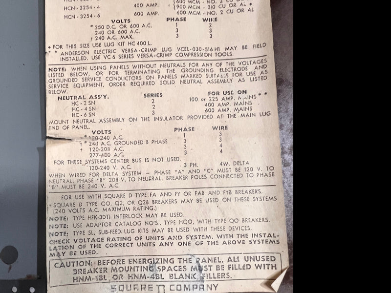Square D HCN-3254-2 600V 225 Amp 24 Space I Line Panelboard