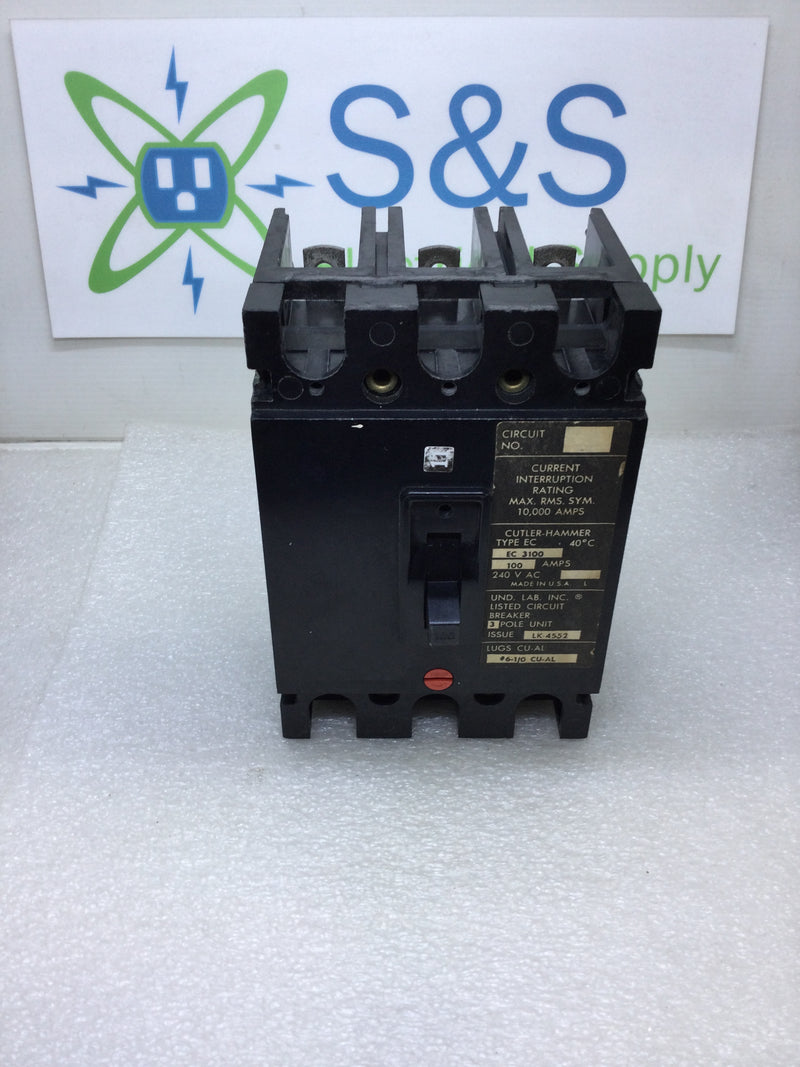 Cutler Hammer EC3100 100 Amp 3 Pole 240 VAC Circuit Breaker w/Adjustable Trip