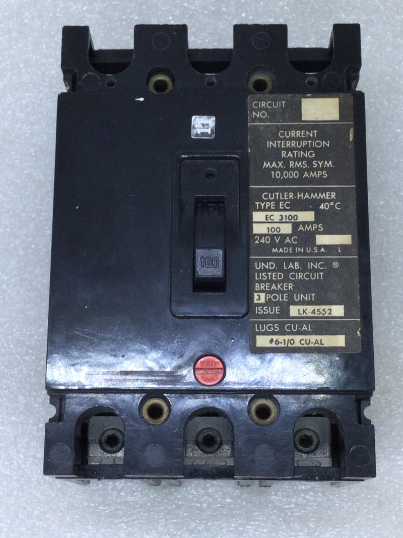 Cutler Hammer EC3100 100 Amp 3 Pole 240 VAC Circuit Breaker w/Adjustable Trip