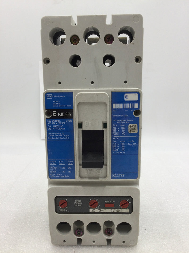 Cutler Hammer HJD3250F w/JT3250T Trip Circuit Breaker 3-Pole 250 Amp 600v 65k