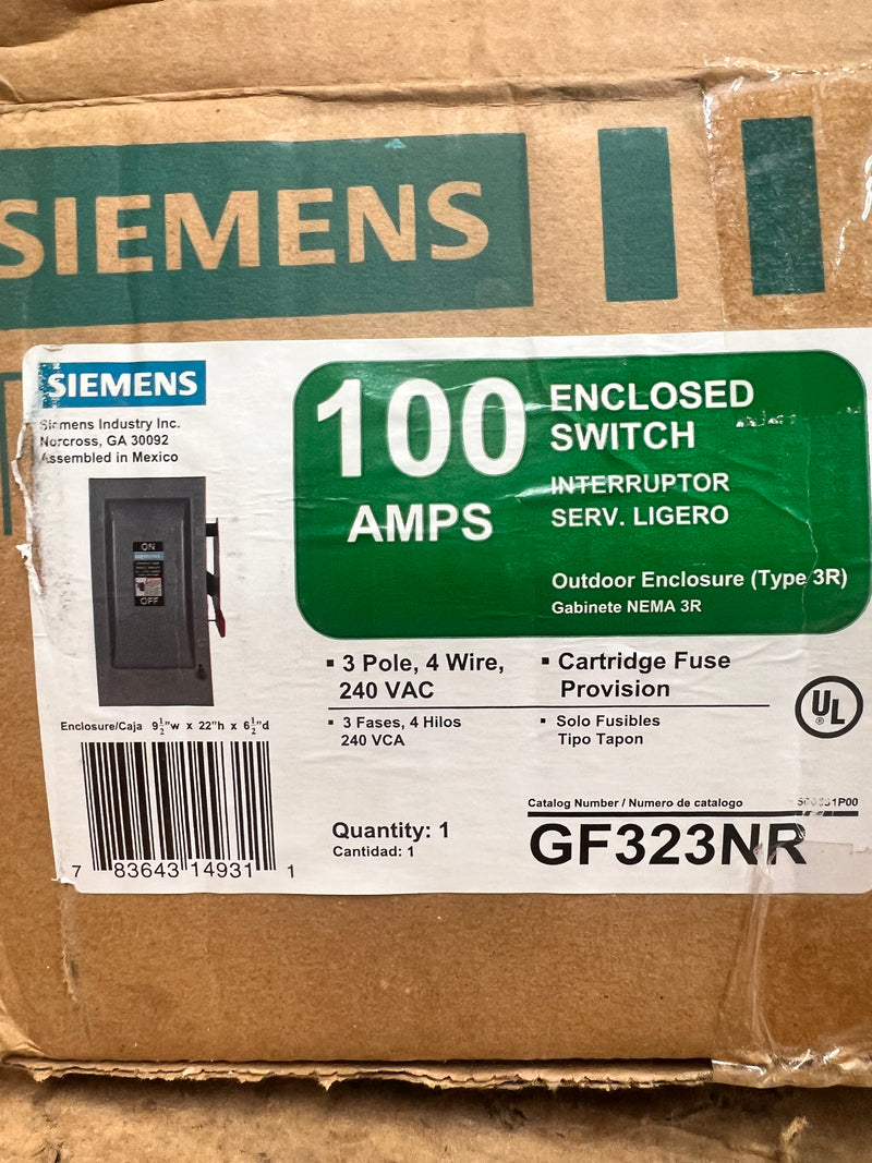 Siemens Fusible General Duty Safety Switch GF323NR 100 Amp Type 3R 240v