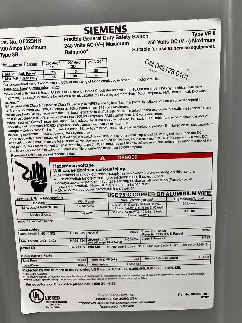 Siemens Fusible General Duty Safety Switch GF323NR 100 Amp Type 3R 240v