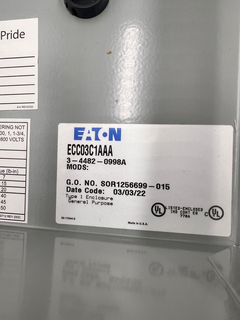 Eaton Cutler-Hammer ECC03C1AAA / C30CN Lighting Contactor Series 115-120v