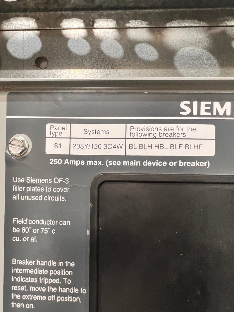 Siemens S1C42ML250ATS 3 Phase 4 Wire 250A 42 Circuit 208Y/120V Type 1 Panel Board Flush Cover