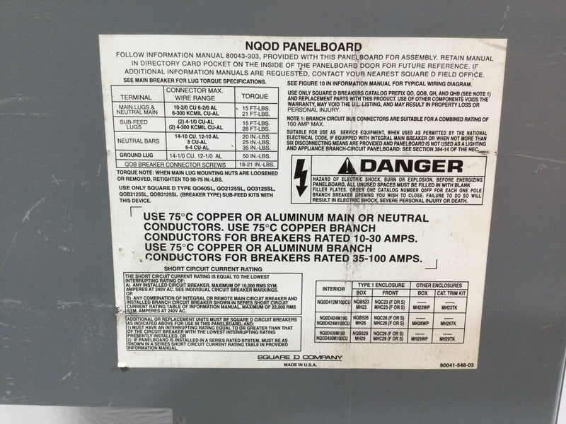 Square D NQOD Panelboard 50 Amp 208y/120 3 Phase 4 Wire Dead Front Only 24" x 9.5"