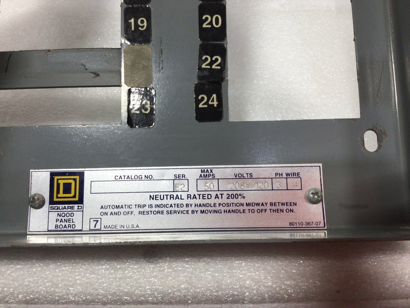 Square D NQOD Panelboard 50 Amp 208y/120 3 Phase 4 Wire Dead Front Only 24" x 9.5"