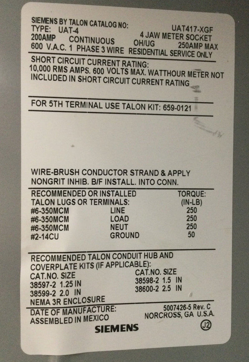 Siemens Talon UAT417-XGF 200A 4-Jaw Ringless Meter Socket