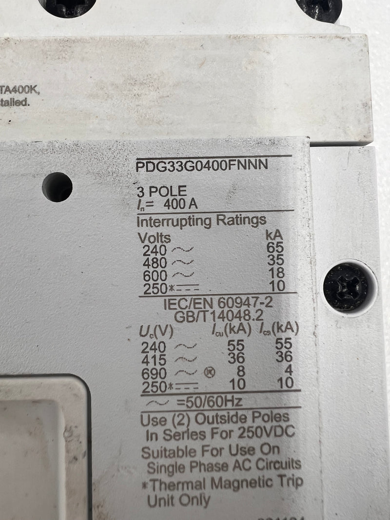 Eaton PDG33G0400FNNN 400 Amp 600v 3 Pole Breaker with Eaton PDG3XTFA30250 Trip