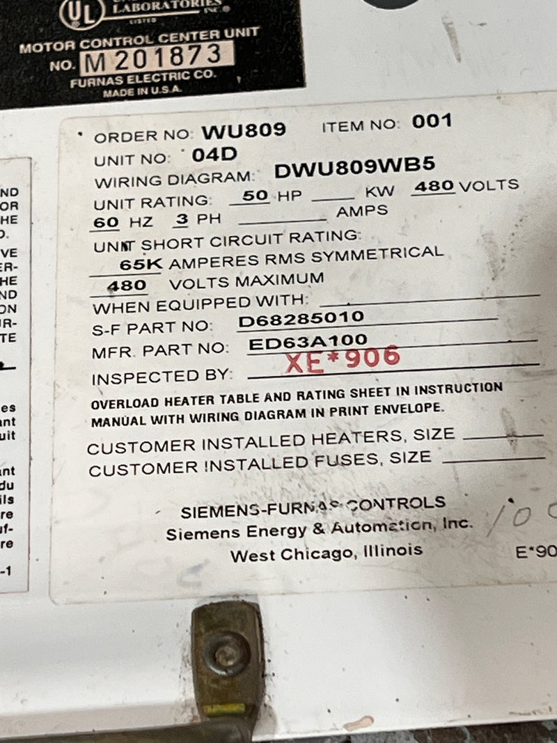 Siemens-Furnas System 89 Tiastar D68285010 MCC Feeder Bucket 60A 480V 3Ph Empty Bucket with Door/ Hardware Unit No. 04D