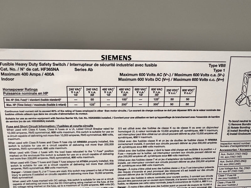 Siemens HF365NA 400 Amp 600V 3 Pole Fusible Heavy Duty Safety Switch