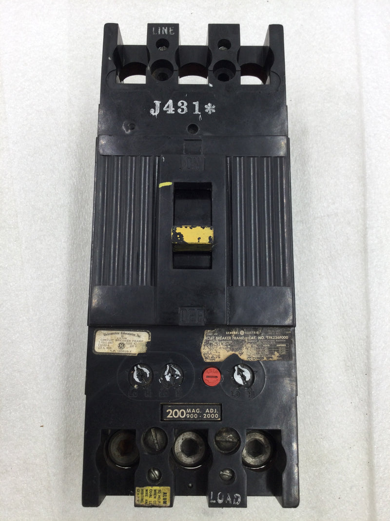 GE General Electric TFK236F000 3 Pole 225 Amp 600V 200Mag Adj 900-2000 Circuit Breaker