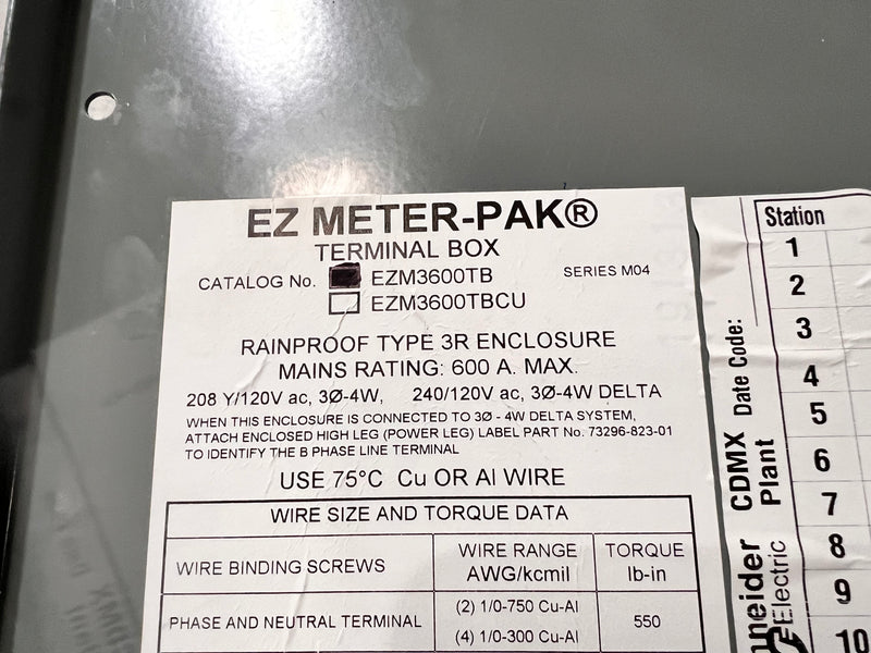 Square D EZM3600TB EZ Meter-Pak Terminal Box 3R 600 Amp 208Y/120V 3⌀ 4 Wire 240/120V 3⌀ 4 Wire DELTA