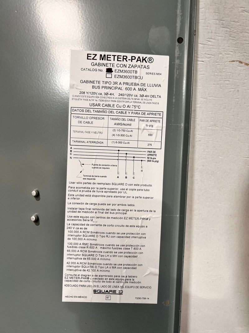 Square D EZM3600TB EZ Meter-Pak Terminal Box 3R 600 Amp 208Y/120V 3⌀ 4 Wire 240/120V 3⌀ 4 Wire DELTA