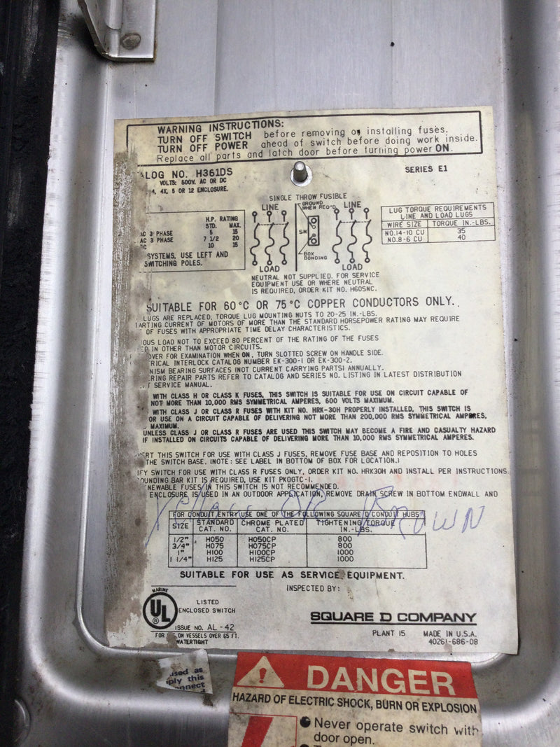 Square D H361DS 30 Amp 600v Fused Safety Switch