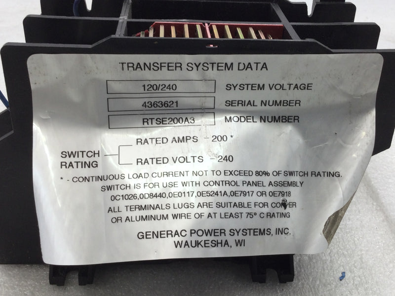 Generac RTSE200A3 200Amp 200V Automatic Transfer Switch Guts Only