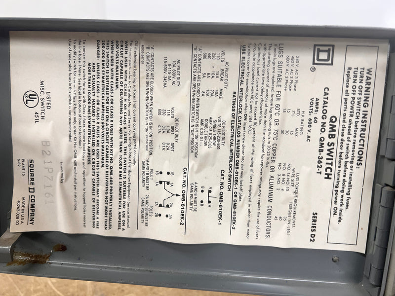 Square D QMB-362-T 60 Amp 600v Twin Fusible Panelboard Switch