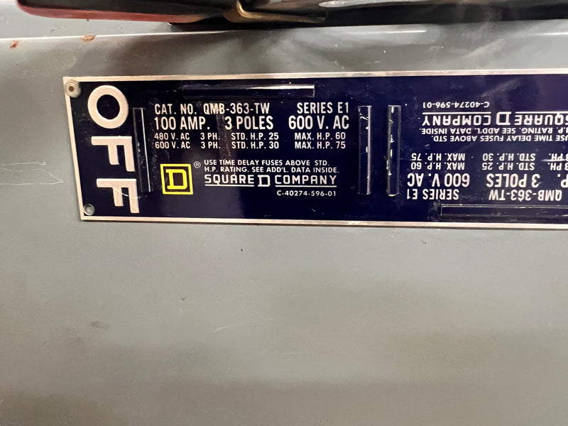 Square D QMB-363-TW 100 Amp 600v 75 Hp Twin Fusible Panelboard Branch Switches