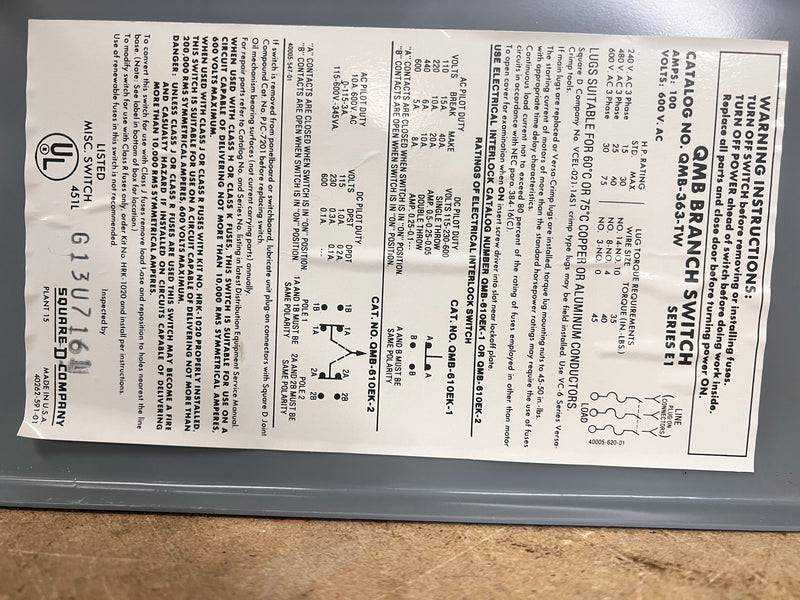 Square D QMB-363-TW 100 Amp 600v 75 Hp Twin Fusible Panelboard Branch Switches