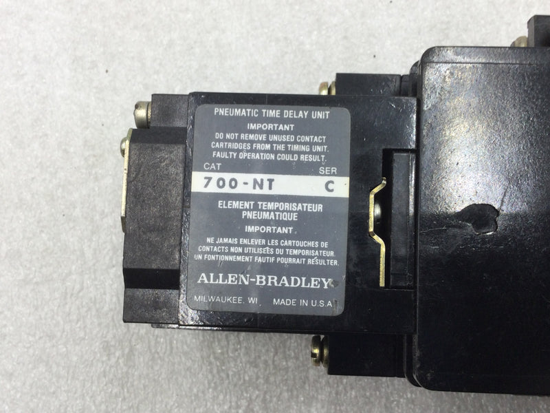 Allen-Bradley 700-NPTA1 Pilot Heavy Duty 10 Amp 300V Max/Includes 700-NT Pneumatic Time Delay Unit Series C 700-NT400A1 AC Relay with Pneumatic Time Delay Unit Series C