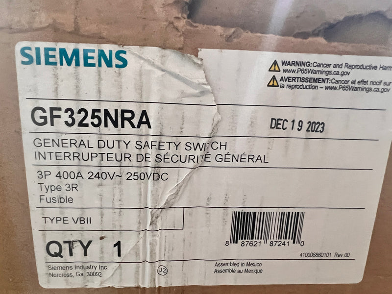 Siemens Fusible General Duty Safety Switch GF325NRA 400 Amp Type 3R 240v