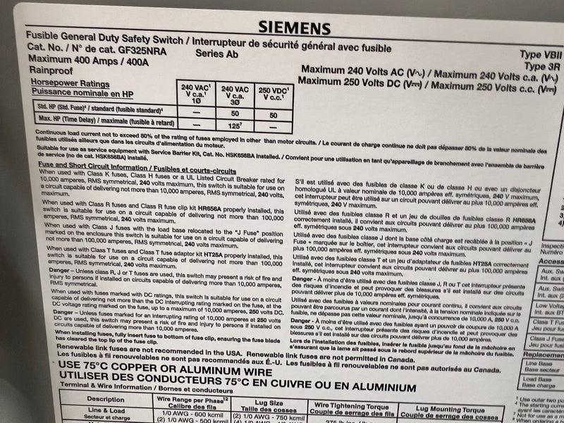 Siemens Fusible General Duty Safety Switch GF325NRA 400 Amp Type 3R 240v