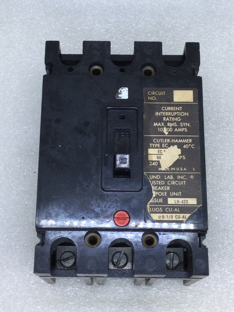 Cutler Hammer EC3060 60 Amp 3 Pole 240 VAC Circuit Breaker w/Adjustable Trip