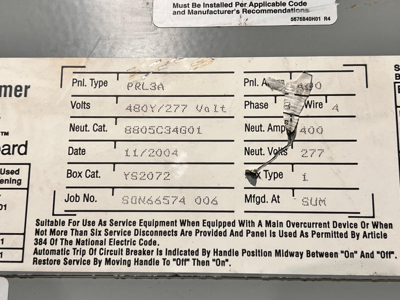 Eaton PRL3A 400a 480/277v 3 Phase 4 Wire 10 Space Panelboard and Deadfront