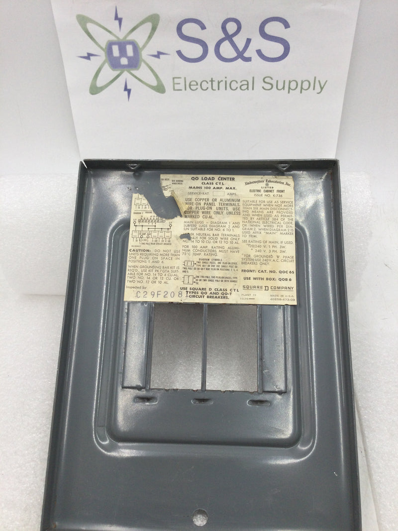 Square D QO 6-12 Series L5 100 Amp 120/240V 1 Phase 3 Wire 6 Space Dead Front 10 1/8" x 7 5/8"