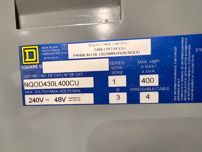 Square D NQOD430L400CU 3 Phase 4 Wire 400 Amp Main Lug NQOD Panelboard 240V 48VDC   30 Space