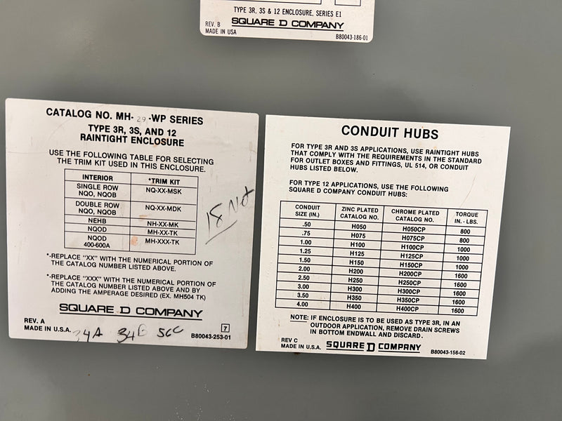 Square D NQOD/NQOB/NQO Panelboard 225 Amp 208Y/120VAC 3 Phase 4 Wire 36 Space with MH29WP Enclosure Missing Deadfront