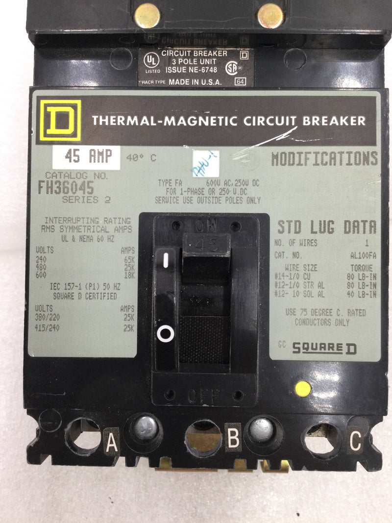 Square D FH36045 3 Pole 600v 45 Amp Circuit Breaker